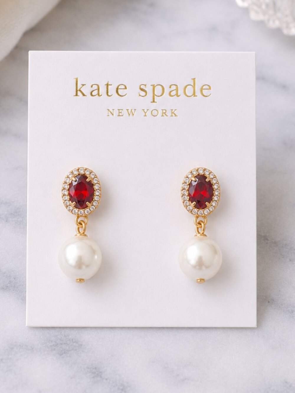 Kate Spade Red Crystal Pearl Drop Earrings Gold Tone Halo Stud Dangle Earrings